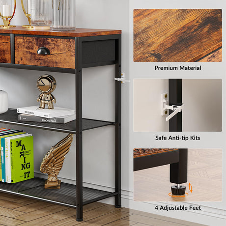 Rustic Brown 38'' Furologee Console Sofa Table with 3 Fabric Drawers and Storage Shelves Furologee