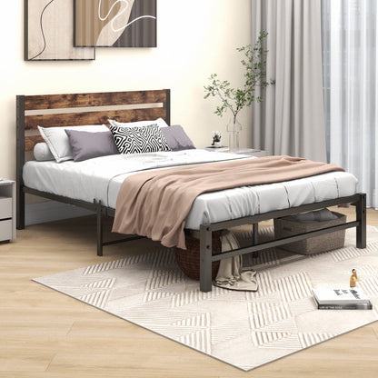 VERFARM Rustic Vintage Full Metal Platform Bed Frame with Wooden Headboard - No Box Spring Needed, Noise-Free, Easy Assembly - WoodArtSupply