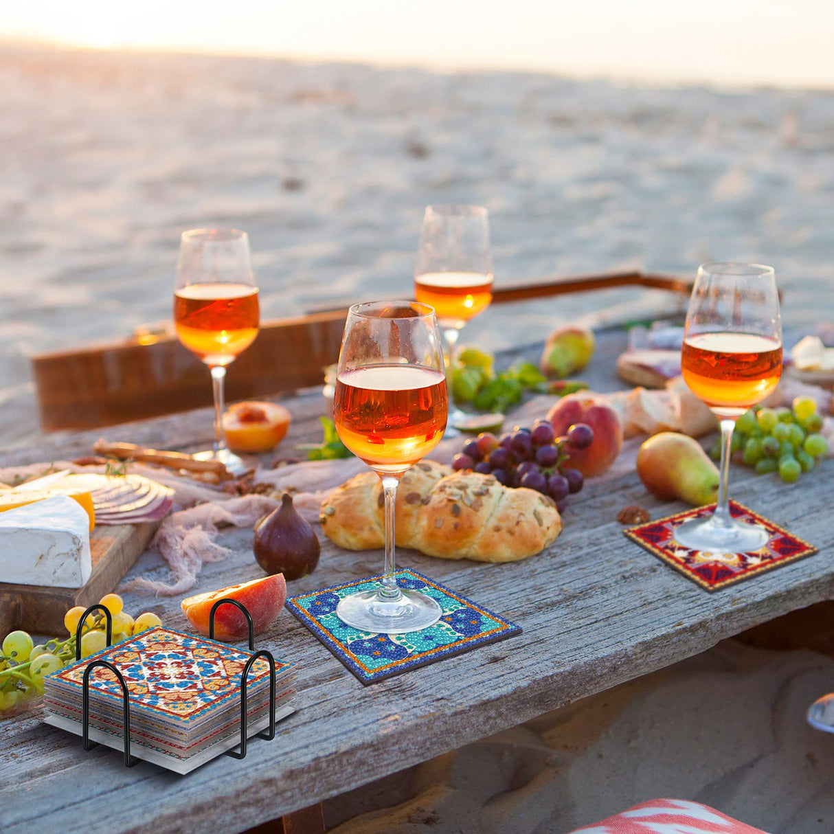 Purpeak 8 Pcs Diamond Coasters Diamond Painting Coasters DIY Mandala Kits with Holder Square Boho Paisley Art 5d Kits for Beginners Adults Craft Purpeak