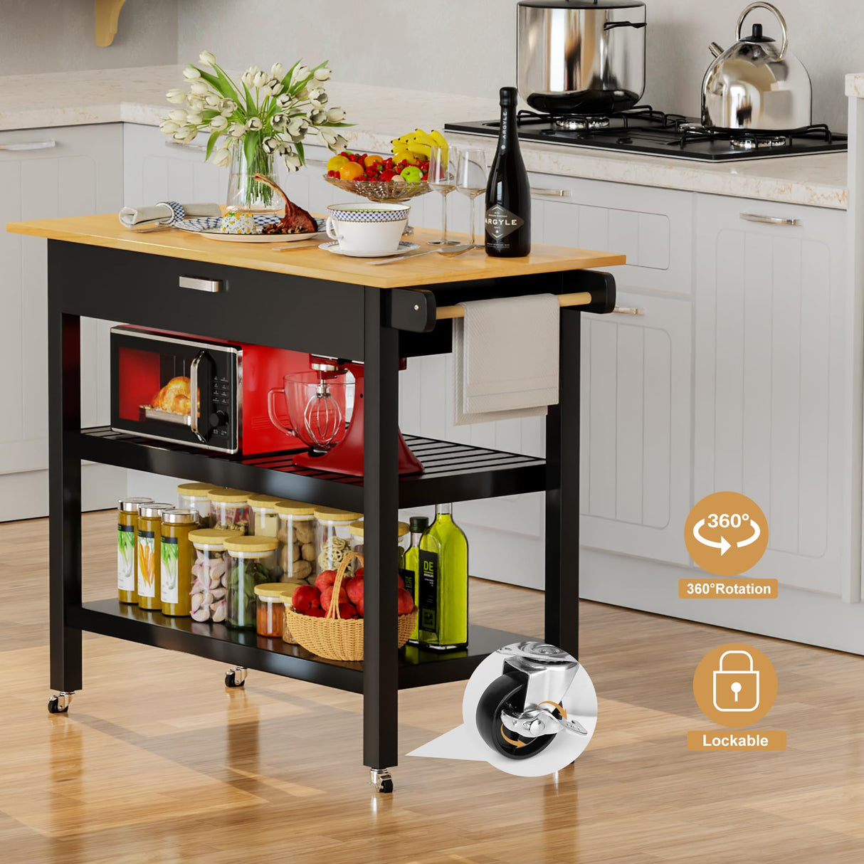 HiDSLiving Kitchen Island 42" Rolling Kitchen Island Cart On Wheels with Drawer Towl Rack 3 Tiers Rolling Utility Cart with Solid Wood Top Serving Trolley for Dining Room Black HiDSLiving