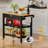 HiDSLiving Kitchen Island 42" Rolling Kitchen Island Cart On Wheels with Drawer Towl Rack 3 Tiers Rolling Utility Cart with Solid Wood Top Serving Trolley for Dining Room Black HiDSLiving