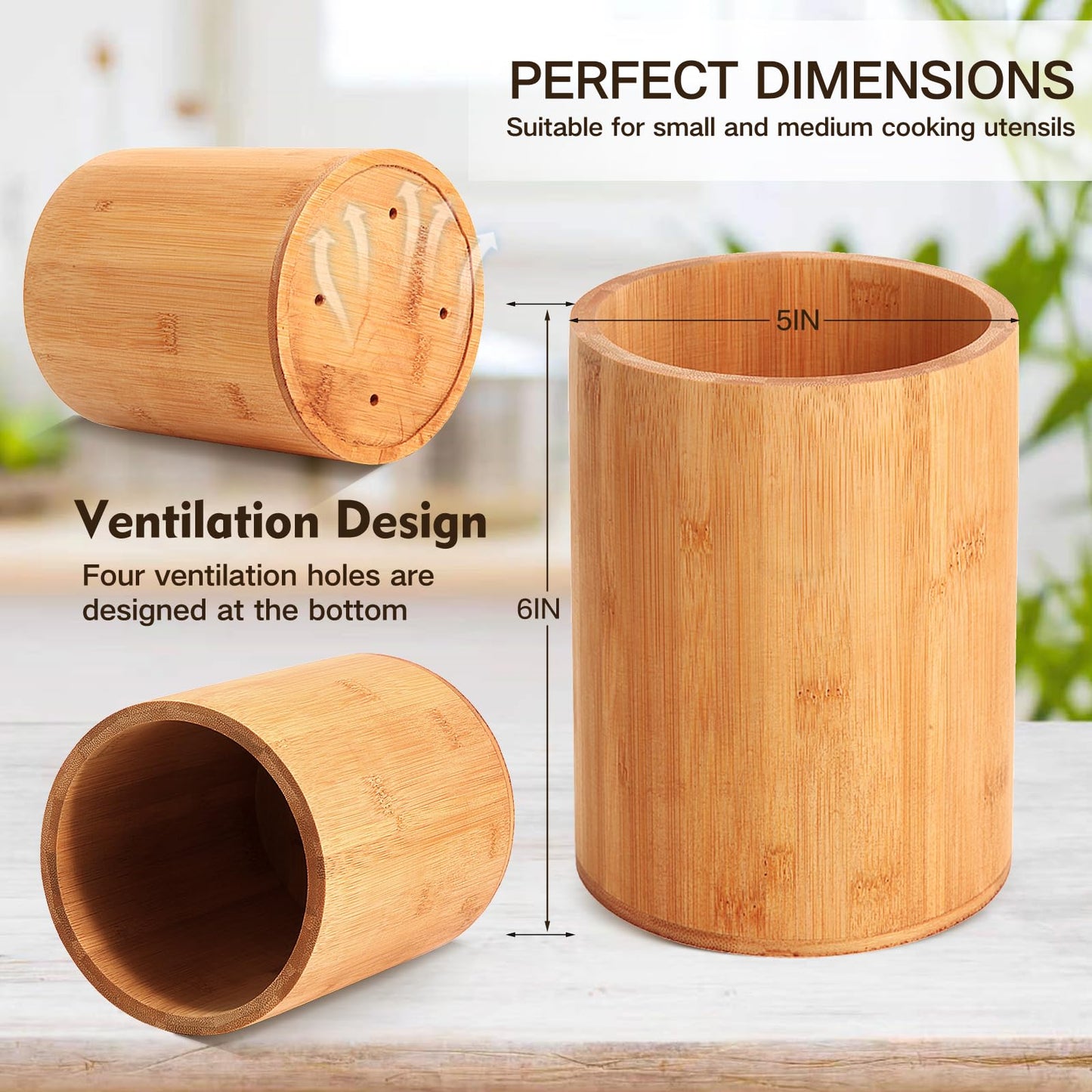 Bamboo Utensil Holder, Large Utensil Holders for Kitchen Counter, Bamboo Spoon and Chopstick Holder for Kitchen Decor, Flatware and Spatula Storage Organizer, for Countertop, Pantry and Bathroom