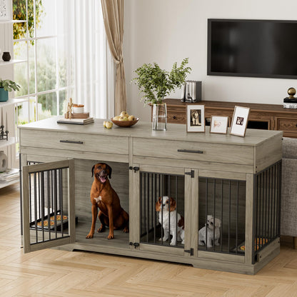 Rophefx Large Dog Crate Furniture for 2 Dogs, 72" Double Dog Kennel Indoor Furniture with 2 Storage Drawers and Removable Divider, Wooden Dog Cage with 4 Bowls, Dog House TV Stand, Rustic Grey