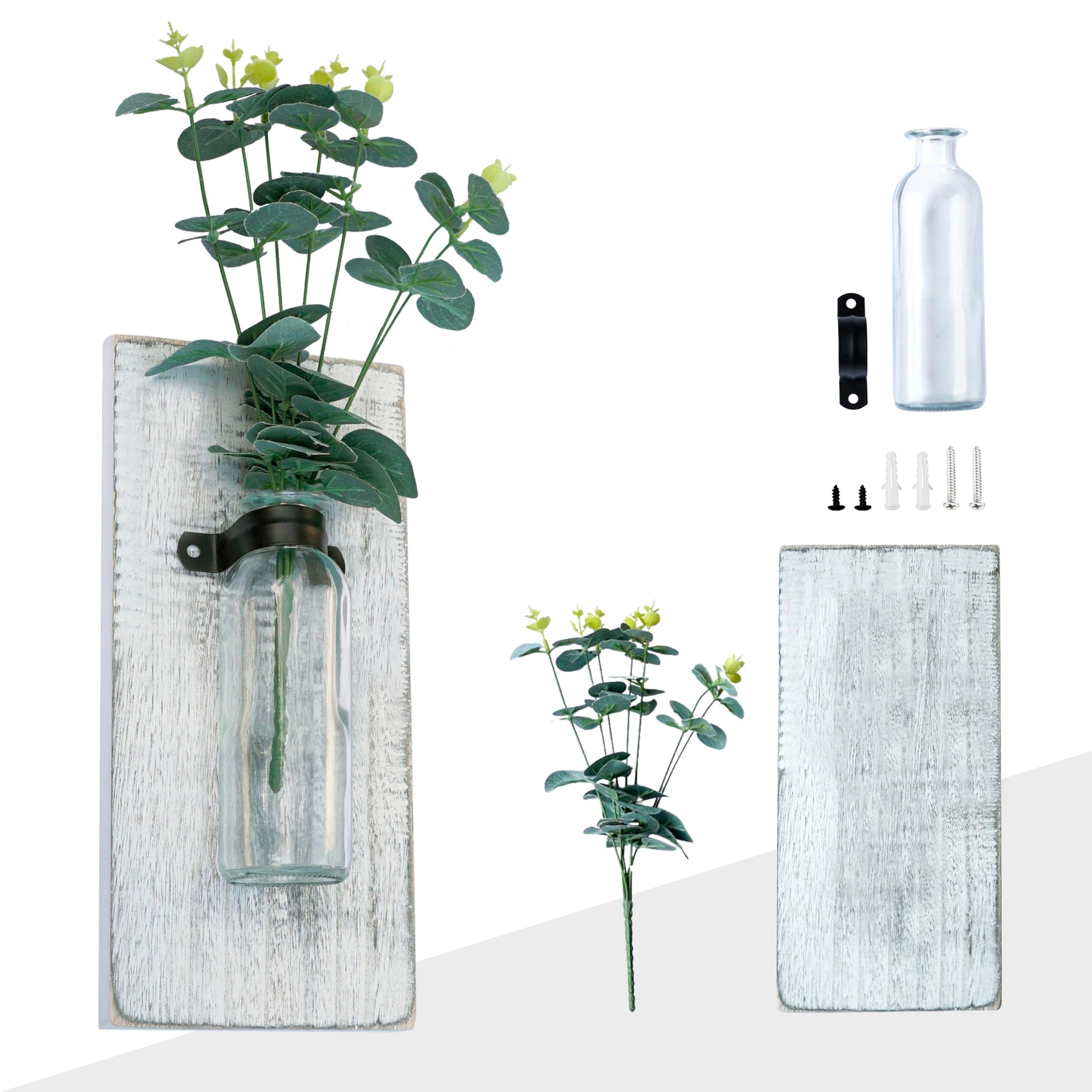 Zelura 2 Pack Wood Glass Wall Vases and Plants Artificial, Indoor Wood Hanging Vase, Modern Farmhouse Wall Decor for Bathroom Office and Living Room, Farmhouse Sconces Wall Decor (White) - WoodArtSupply