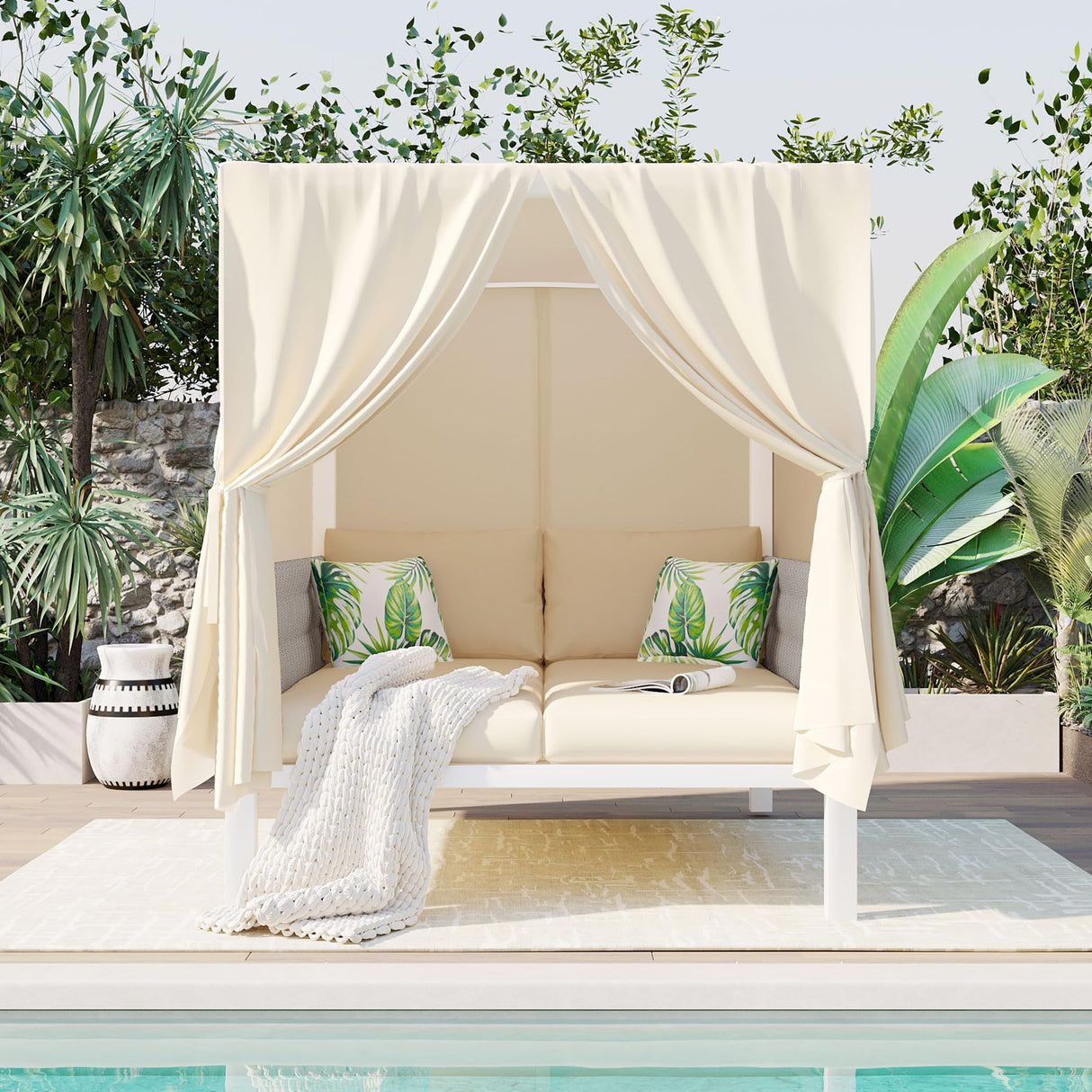 Merax Outdoor Patio Daybed with Soft Thick Cushions, Two Pillows and Curtains, Double Chaise Lounge Sunbed with Rubber Core Rope Backrest for Outside Pool,Garden,Backyard,Lawn, Beige Merax