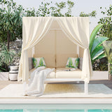 Merax Outdoor Patio Daybed with Soft Thick Cushions, Two Pillows and Curtains, Double Chaise Lounge Sunbed with Rubber Core Rope Backrest for Outside Pool,Garden,Backyard,Lawn, Beige Merax