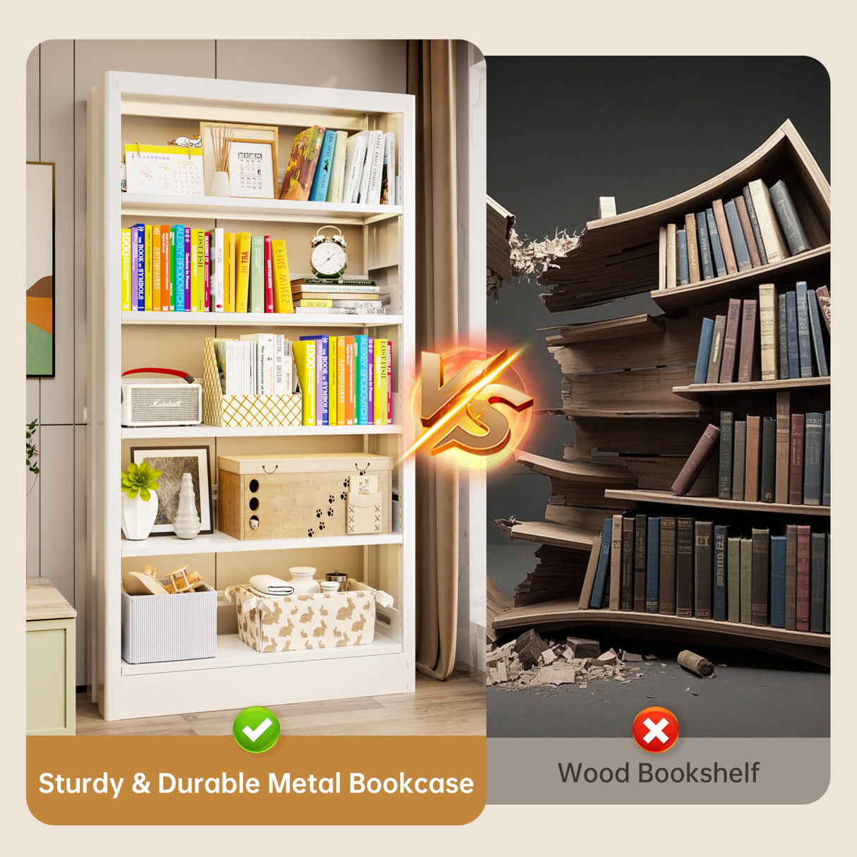 Jazipic 5-Tier Adjustable Bookcase, Heavy Duty Bookshelf with Book Stopper, Metal Bookcase for Library, Office, Living Room Jazipic