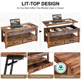 FABATO 41.7'' Lift Top Coffee Table with 2 Storage Drawer Hidden Compartment Open Storage Shelf for Living Room Dining Table Reception Room Rustic Brown FABATO