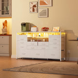 WLIVE White TV Stand for 55, 60, 65 inch TV, Entertainment Center with LED Lights & Charging Station, TV Media Console Table with 15 Fabric Drawers and Open Shelves for Living Room, Hallway, Wood Top WLIVE