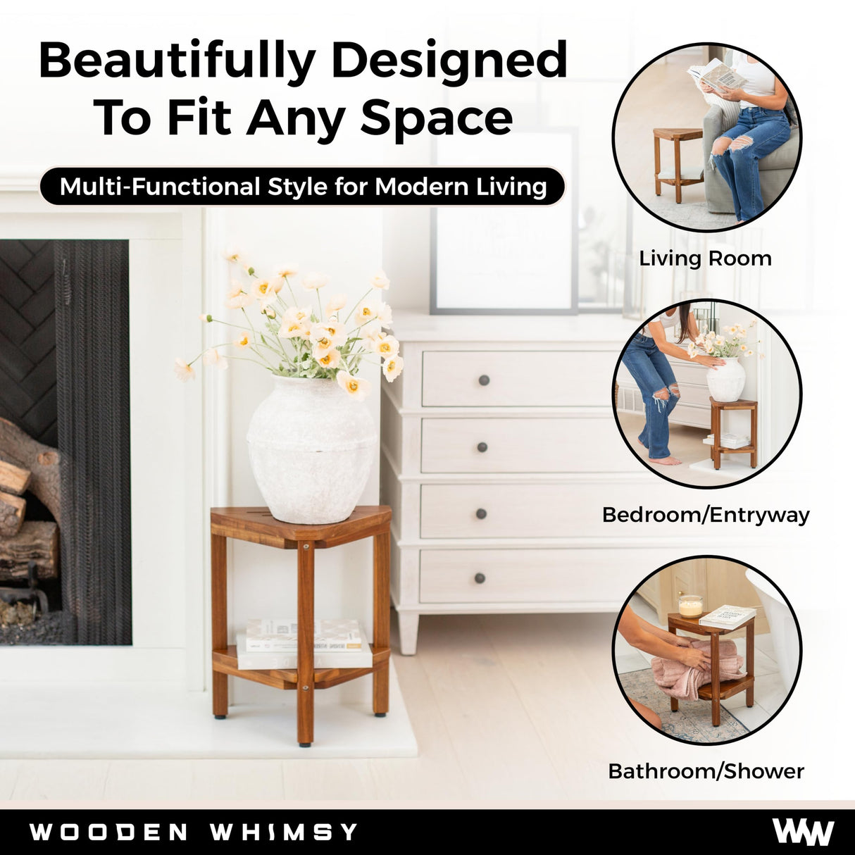 Teak Corner Shower Bench with Matching Soap Holder - Sturdy Waterproof Bathroom Stool Chair with Storage Shelf for Bathing Supplies - Bath Seat and Foot Rest for Shaving Legs - 15" x 15" x 18" Wooden Whimsy