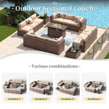 Aoxun 15 Piece Patio Furniture Set with 44” Fire Pit Table Wicker Rattan Outdoor Sectional Sofa Set with Coffee Table and Thickened Cushions, Beige (Waterproof Cover Included) Aoxun
