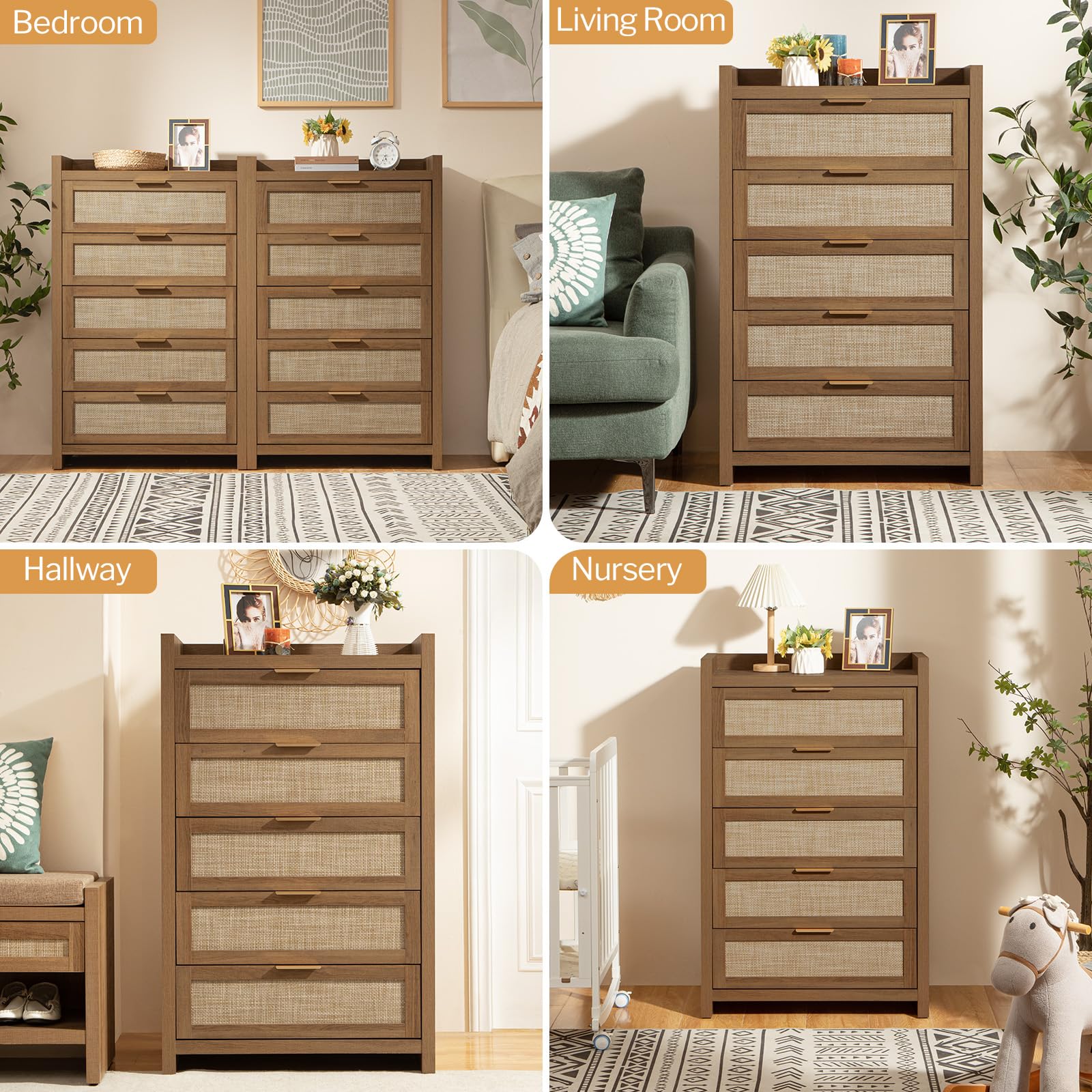 SICOTAS Dresser for Bedroom Chest of Drawers Tall Dresser with 5 Rattan Drawers Wood Dresser for Closet Boho Clothes Storage Tower Large Nightstand Sets for Living Room Hallway Nursery Entryw - WoodArtSupply