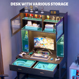 Vlsrka LED Computer Desk with Hutch, 40 Inch Modern Gaming Desk with Power Outlet, Wooden Home Office Desk with Storage Drawers & Shelves (Black) Vlsrka