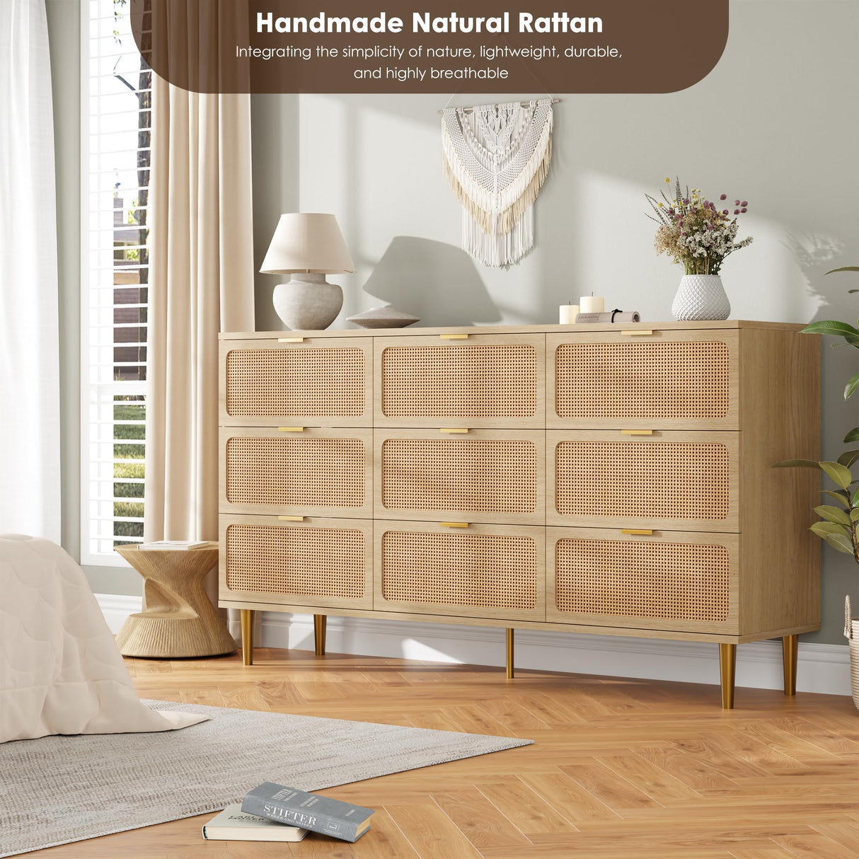 GarveeHome Rattan 9 Drawer Dressers for Bedroom, Tall Dresser with Deep Drawers, Large Chest of Drawers for Closet with Wide Top, Long Wooden Dresser for Living Room, Hallway, Kids Room, Natural GarveeHome