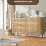 GarveeHome Rattan 9 Drawer Dressers for Bedroom, Tall Dresser with Deep Drawers, Large Chest of Drawers for Closet with Wide Top, Long Wooden Dresser for Living Room, Hallway, Kids Room, Natural GarveeHome