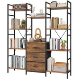 AFLUI Triple Bookshelf with 3 Fabric Drawers, 4-Tier Book Shelf and 10 Display Shelves, Industrial Large Bookcase for Home & Office, Rustic Brown, 47'' Wide AFLUI