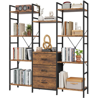 AFLUI Triple Bookshelf with 3 Fabric Drawers, 4-Tier Book Shelf and 10 Display Shelves, Industrial Large Bookcase for Home & Office, Rustic Brown, 47'' Wide