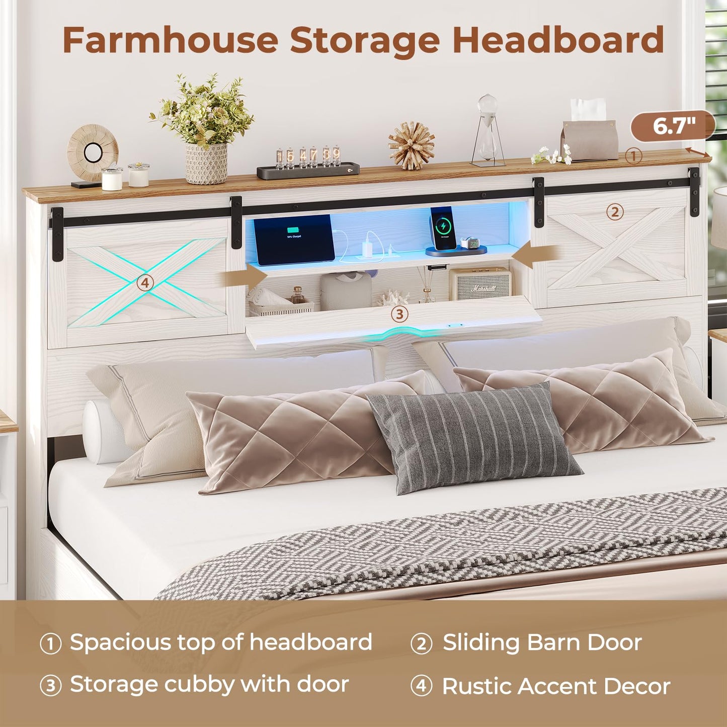 Hasuit Farmhouse Bed Frame King Size with LED Lights and Charging Station, Wooden King Bed with 2 Storage Drawers, Rustic Headboard with Sliding Barn Door Storage Cabinets, White - WoodArtSupply