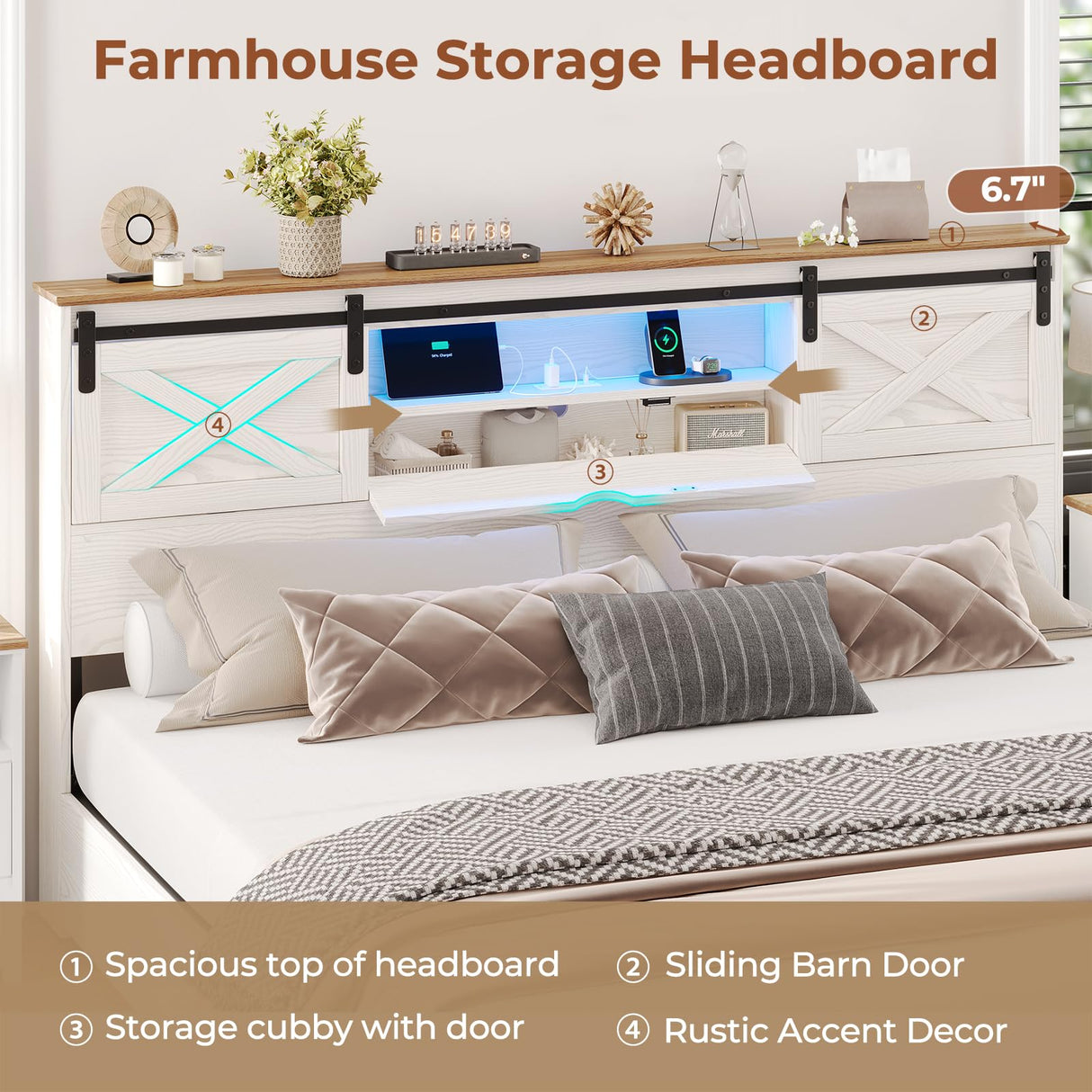 Hasuit Farmhouse Bed Frame King Size with Storage Bookcase Headboard, Wooden King Bed with LED Lights, Charging Station, 2 Drawers, Country Rustic Bed Frame with Sliding Barn Door Hasuit