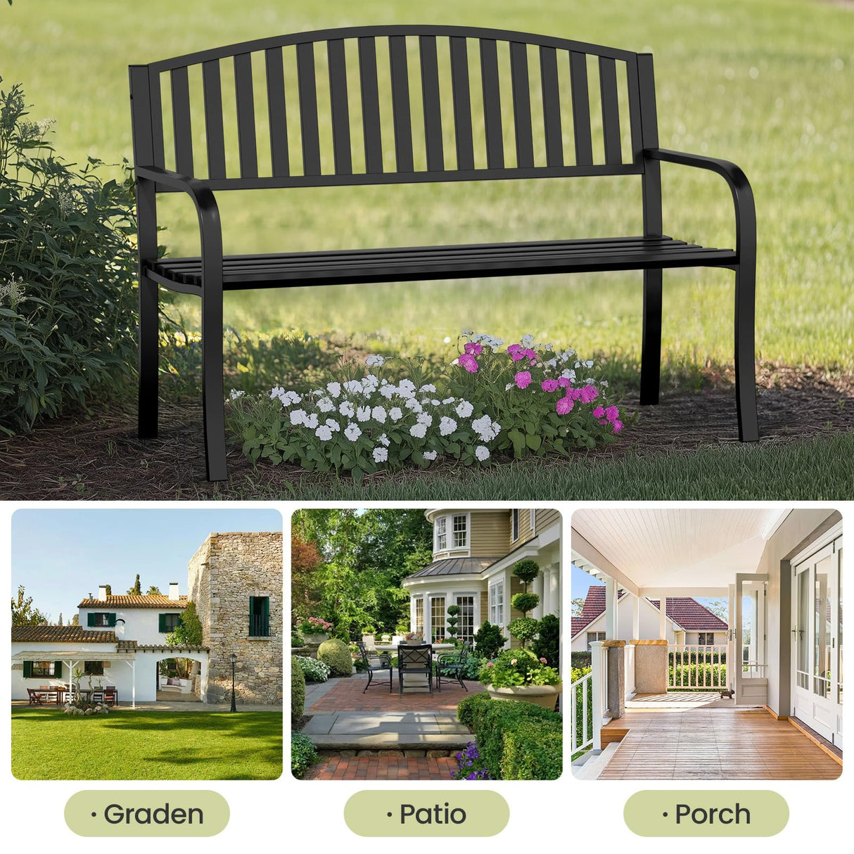 GUINGFUN 50" Outdoor Bench, Heavy-Duty Metal Frame Graden Bench, Weatherproof Patio Park Bench for Front Porch, Park, Yard, Patio GUINGFUN