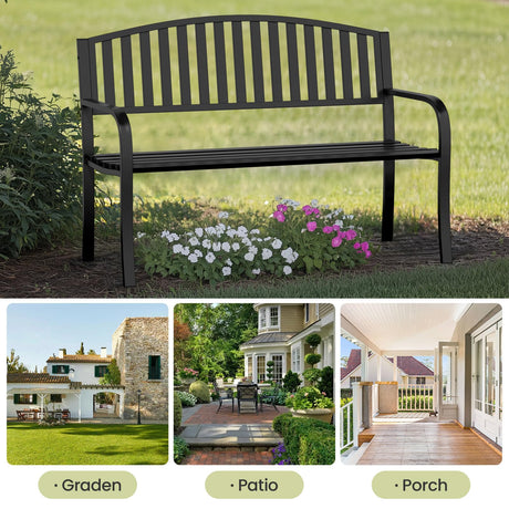 GUINGFUN 50" Outdoor Bench, Heavy-Duty Metal Frame Graden Bench, Weatherproof Patio Park Bench for Front Porch, Park, Yard, Patio GUINGFUN