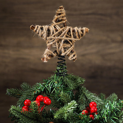 Gejoy Mini Christmas Rustic Tree Topper Natural Star 6 Inch Miniature Star Tree Topper for Christmas Tree Home Decor Winter Holiday (Wood, Woven)