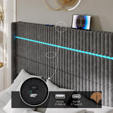 Jocisland 60" Tall King Bed Frame with LED Lights, Corduroy Upholstered Platform Bed Frame with Wingback Headboard and Charging Station/No Box Spring Needed/Grey Jocisland