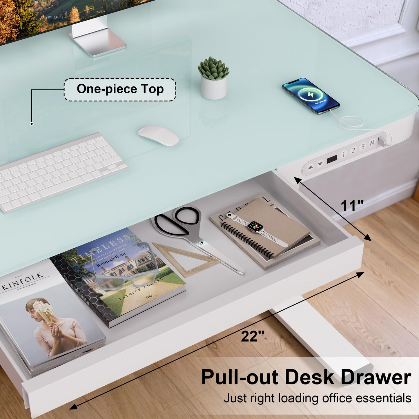 Furmax Glass Standing Desk with Drawer 48 x 24 Inch Adjustable Height Stand up Desk One-Piece Board Pre-Assembled Home Office Computer Desk with USB Ports, Glass Top - WoodArtSupply