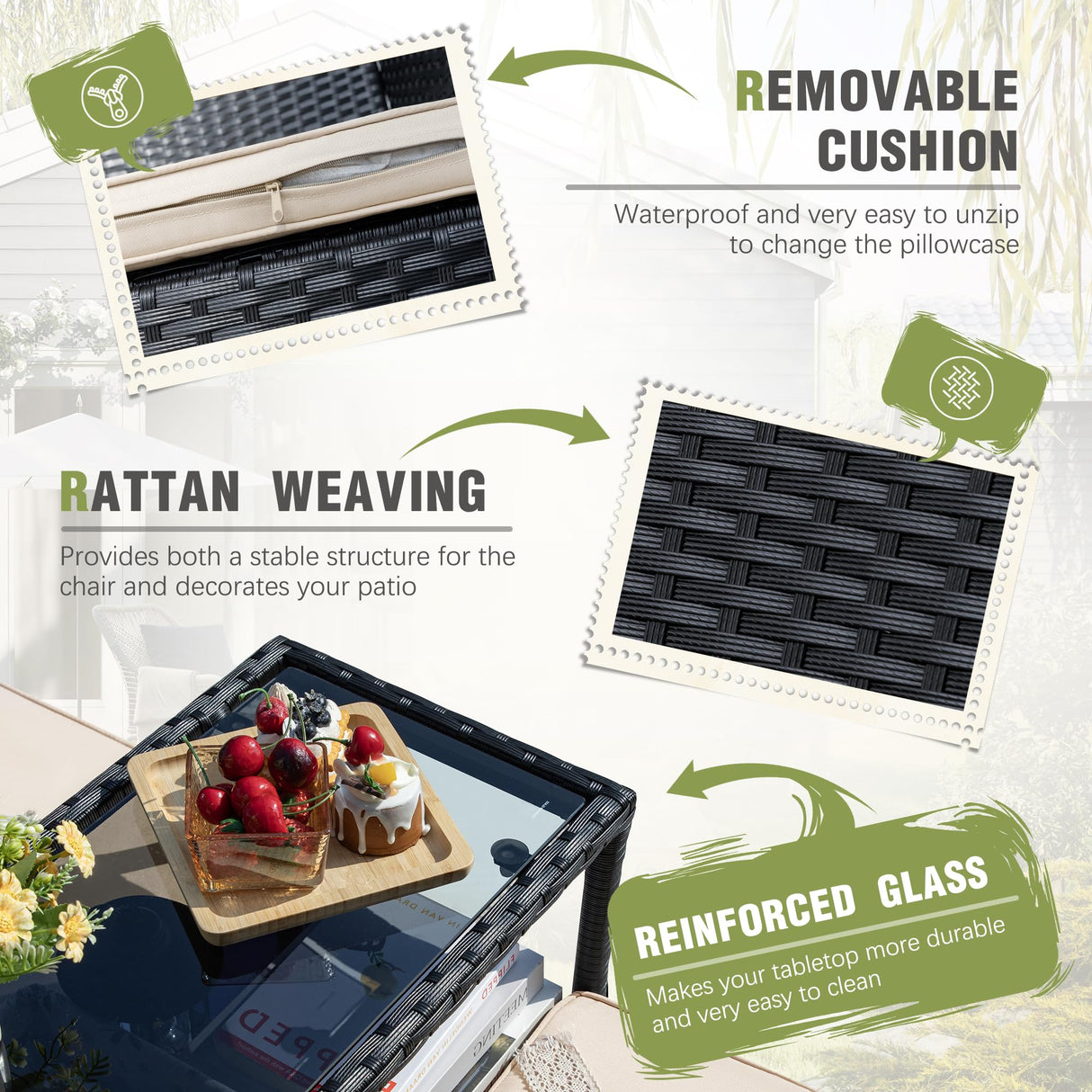 Greesum Patio Loveseat Outdoor Wicker Furniture Conversation Set with Soft Cushions & Built-in Coffee Table for Lawn Garden Backyard, Beige Greesum