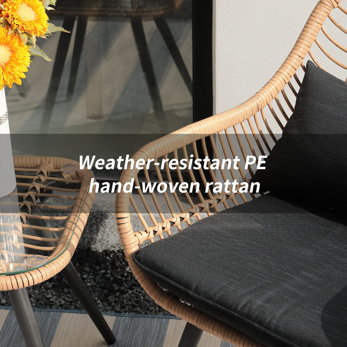 Verano Garden 3 Piece Patio Bistro Set, Outdoor Wicker Conversation Chair Sets Balcony Furniture,Coffee Table with Glass Top, Cushions & Lumbar Pillows for Porch, Backyard, Deck, Poolside Verano Garden