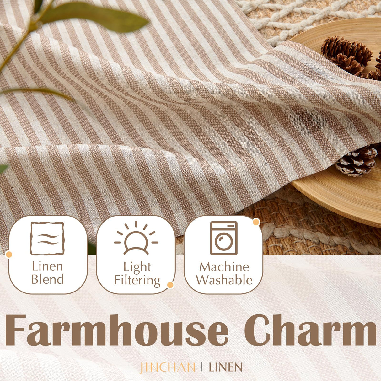 jinchan Striped Linen Kitchen Curtains 24 Inches Length Tier Curtains Farmhouse Modern Cafe Style Small Window Treatments Airy Light Filtering Rod Pocket for Living Room Bathroom 2 Panels Tan jinchan