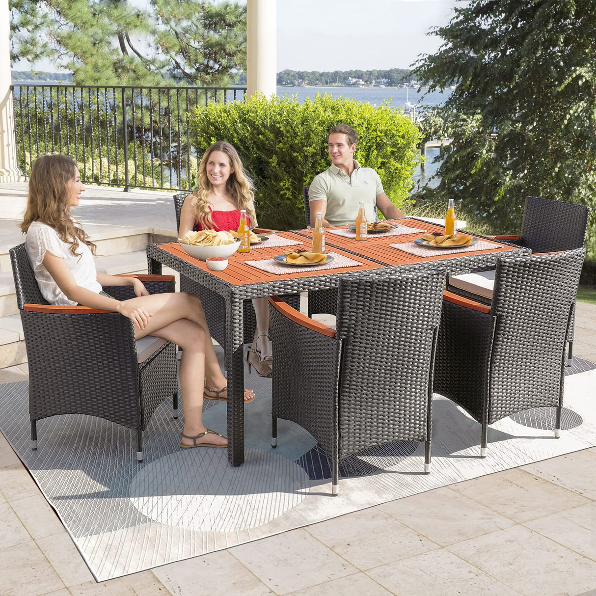 Flamaker 7 Piece Patio Dining Set Outdoor Acacia Wood Table and Chairs with Soft Cushions Wicker Patio Furniture for Deck, Backyard, Garden Flamaker