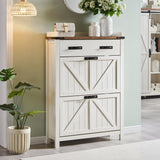 OKD Shoe Storage Cabinet with 2 Flip Drawers, Farmhouse Entryway Shoe Organizer with Drawer, Freestanding Rustic Hidden Shoe Rack Cabinet for Entryway, Antique White OKD