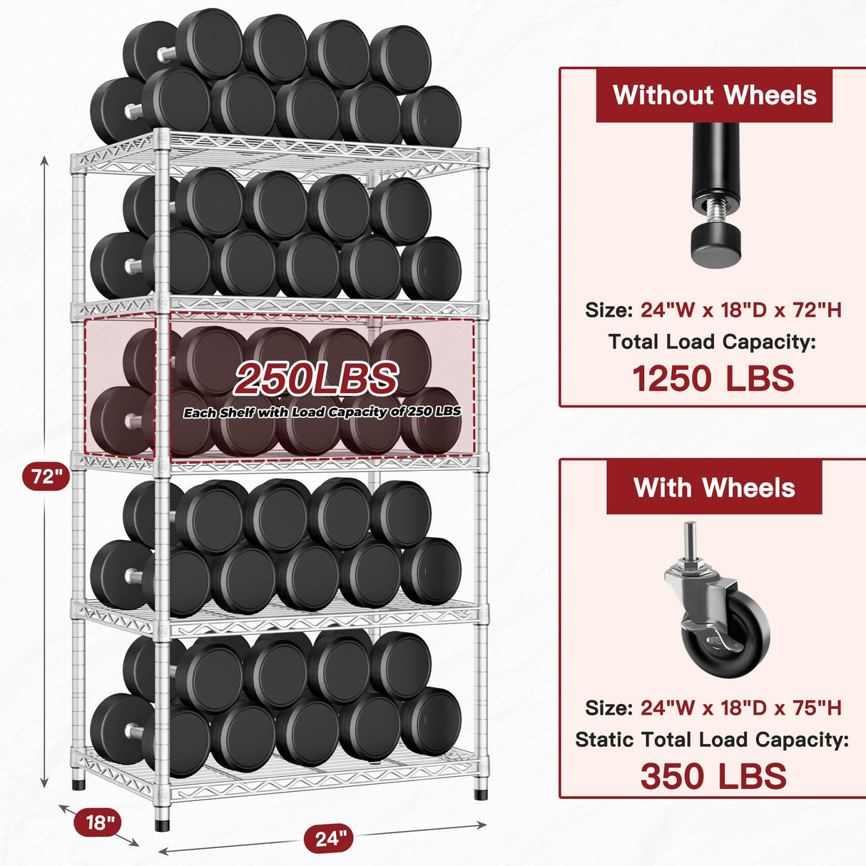 PrimeZone 75" H Wire Shelving 5 Tier Slim Steel Storage Metal Shelves with Wheels,Adjustable Kitchen Utility Shelving Unit,Pantry Rack Rolling Metal Shelf Chrome 24" Wx18 Dx75 H PrimeZone