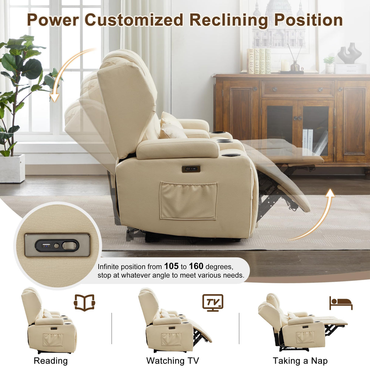 DRMBOOK RV Power Loveseat Recliner Sofa, Leathaire Fabric 3-Seater Wall Hugger Reclining Sofa, Home Theater Seating Chair with Cup Holders, 3 Person Couch RV Furniture for Living Room, Beige DRMBOOK