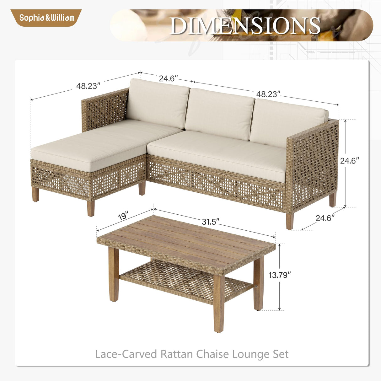Sophia and William Boho Wicker Patio Furniture Set Outdoor Rattan Sectional Sets Conversation Set - Weather-Resistant, with Dual Storage Coffee Table Acacia Wood Legs for Garden, Patio & Deck(Beige) Sophia & William