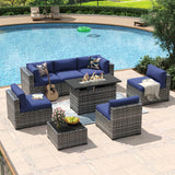 Aoxun 8 Piece Patio Furniture Set with 44” Fire Pit Table Paito Conversation Set Wicker Rattan Outdoor Sectional Sofa Set with Waterproof Cover and Thickened Cushions (Grey/Blue) Aoxun