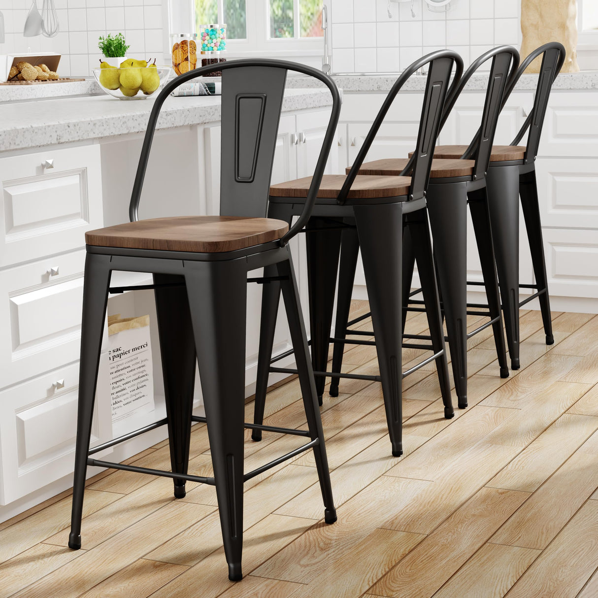 Yongqiang 26 inch Bar Stools Set of 4 High Back Metal Kitchen Counter Height Chairs Barstools with Wooden Seat Industrial Matte Black Yongqiang