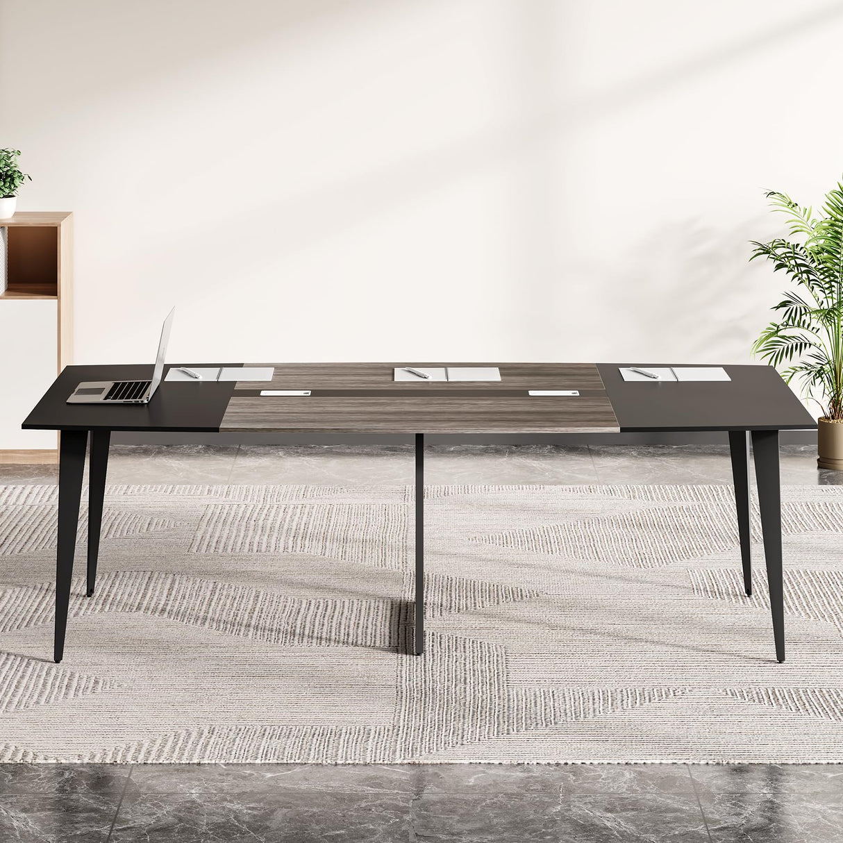 LITTLE TREE 8FT Conference Room Table, 94.48L x 47.21W x 29.52H Boat Shaped Meeting Table, Grey&Black LITTLE TREE