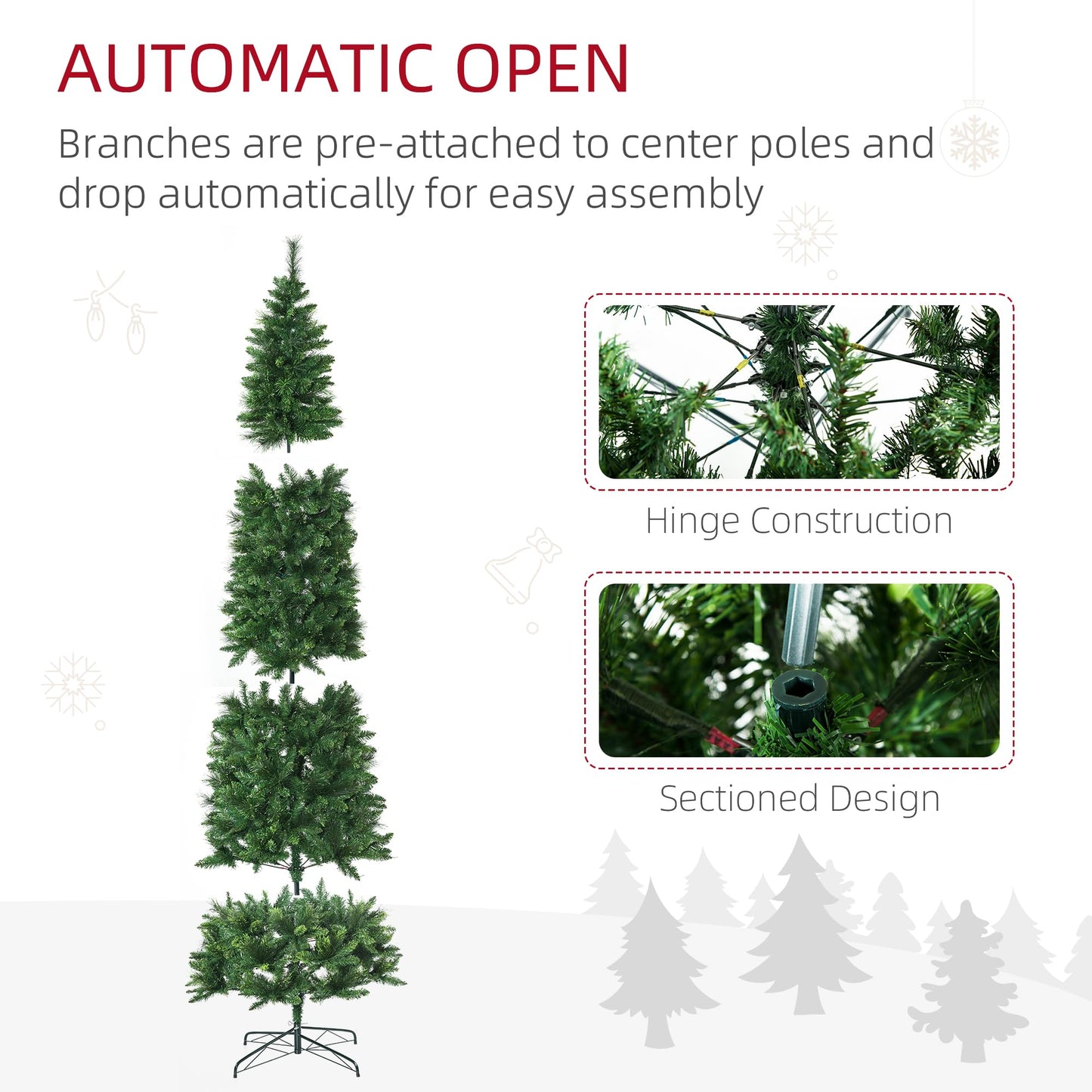 HOMCOM 9ft Tall Pencil Artificial Christmas Tree Holiday Décor with 1298 Branches, Auto Open, Steel Base, Pine Needles, Green