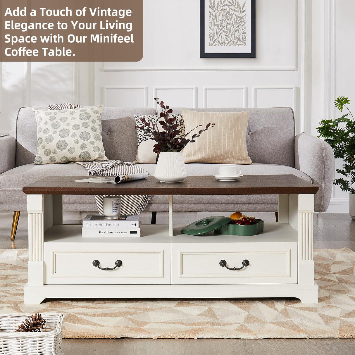 Minifeel 48'' Wood Coffee Table for Living Room, Farmhouse Coffee Table with Storage, Rustic Center Table for Living Room with 4 Drawers, Farmhouse & Industrial Cocktail Table for Home Minifeel