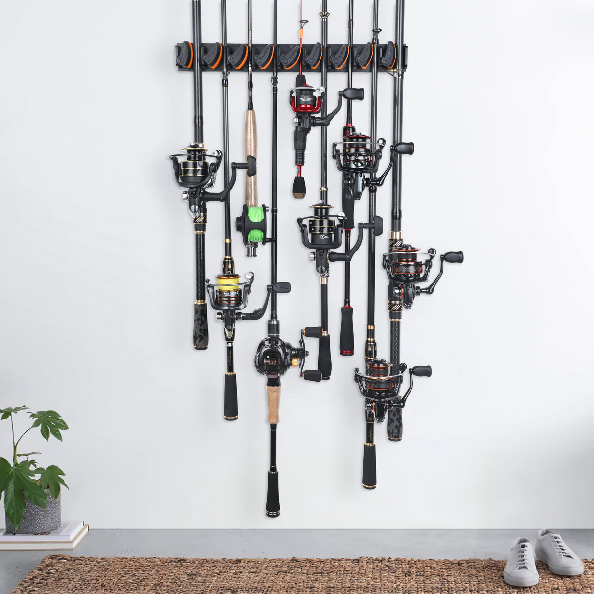PLUSINNO V9 Vertical Fishing Rod Holders, Wall Mounted Fishing Pole Holders, Fishing Rod Rack Holds Up to 9 Rods or Combos, Fishing Rod Holders for Garage, Fits Most Rods of Diameter 3-19mm PLUSINNO