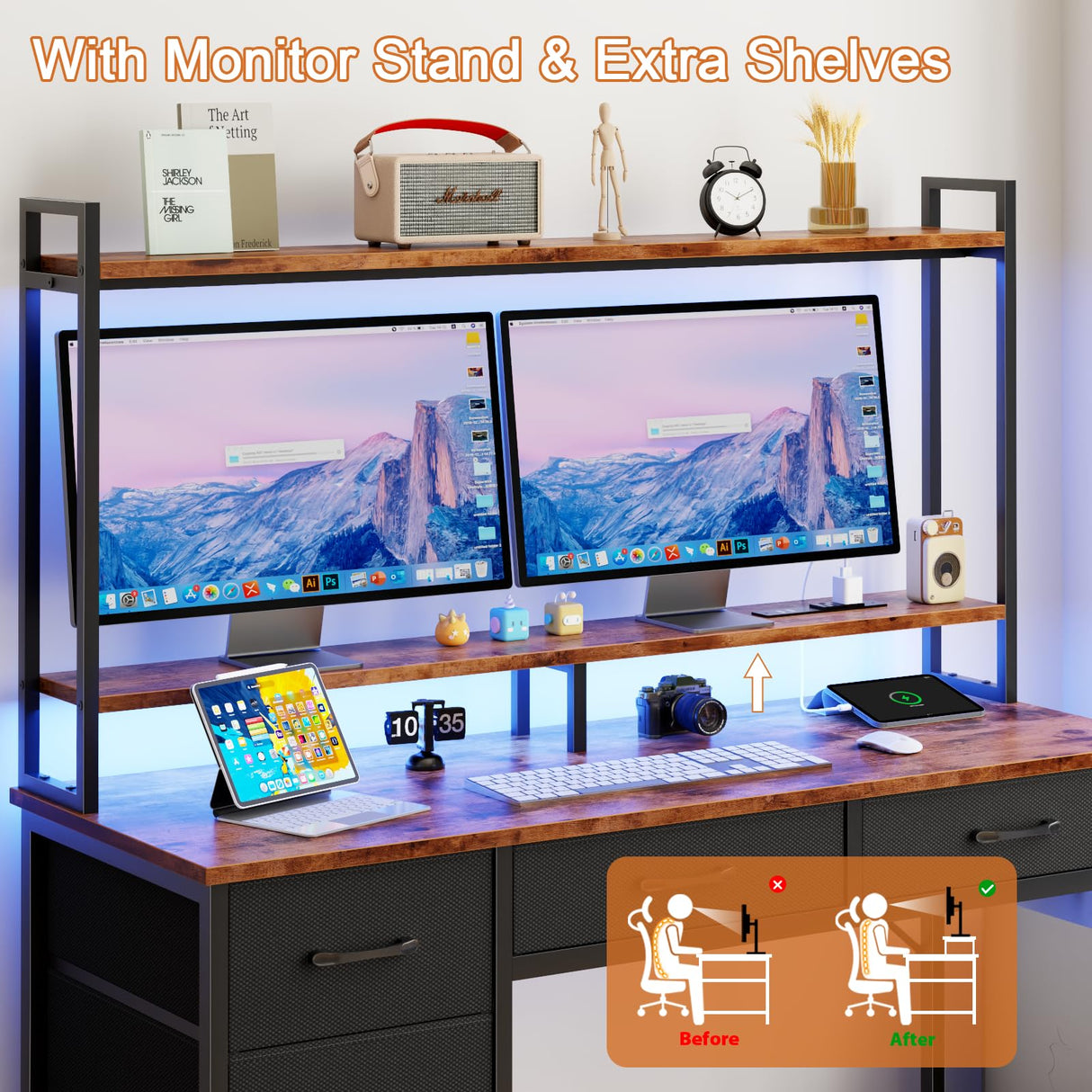 Korfile Computer Gaming Desk with Hutch, Home Office Desk with Power Outlets, LED Light, 5 Storage Drawers, 2 Tiers Shelves for Display, 47 Inch Modern Study Writing Table for Bedroom, Rustic Brown Korfile