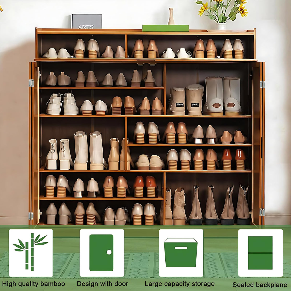 walkclpck Shoe Cabinet with 2 Flip Drawers, 7 Tier Shoe Storage with Adjustable Shelves, Bamboo Freestanding Shoe Rack Shoe Organizer for Entryway, Foyer, Hallway, Bedroom walkclpck