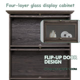 HIUU Brown Glass Display Curio Cabinet with Glass Doors,Brown Showcase Display Cabinet,Shelves with Flip-Up Glass Doors,Farmhouse Barrister Bookcase HIUU