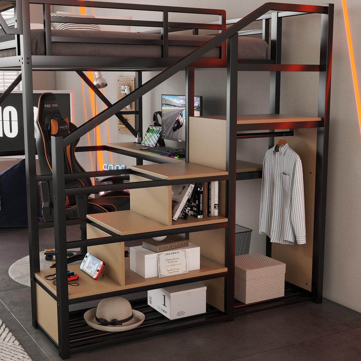 Queen Size Gaming Loft Bed with Stairs and Desk, Metal Loft Bed Frame with Bedside Shelf and Light, Heavy-Duty Adults Lofts Beds with Storage Wardrobe & Charging Station, Black Aurnienofus