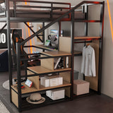 Queen Size Gaming Loft Bed with Stairs and Desk, Metal Loft Bed Frame with Bedside Shelf and Light, Heavy-Duty Adults Lofts Beds with Storage Wardrobe & Charging Station, Black Aurnienofus