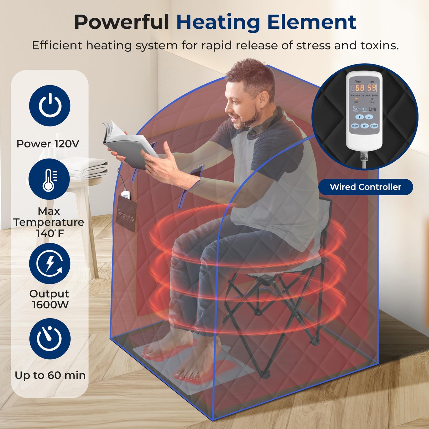 SereneLife Portable Sauna for Home, Infrared Sauna Tent with Heated Foot Pad and Folding Chair, Compact Personal Rejuvenation Sauna, Remote Control In-Home Spa, 38" x 32” - (Black)