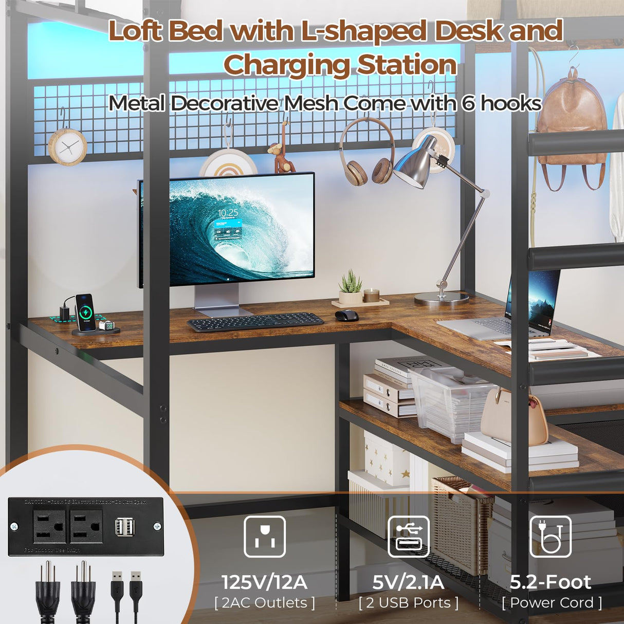 DICTAC Twin Loft Bed with L-Shaped Desk,Storage Shelves and Charging Station Metal Loft Bed Twin Size with LED Lights,Coat Rack with Drawers and Stair,Top Bunk with Safety Guardrail for Teen,Black DICTAC