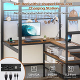 DICTAC Twin Loft Bed with L-Shaped Desk,Storage Shelves and Charging Station Metal Loft Bed Twin Size with LED Lights,Coat Rack with Drawers and Stair,Top Bunk with Safety Guardrail for Teen,Black DICTAC